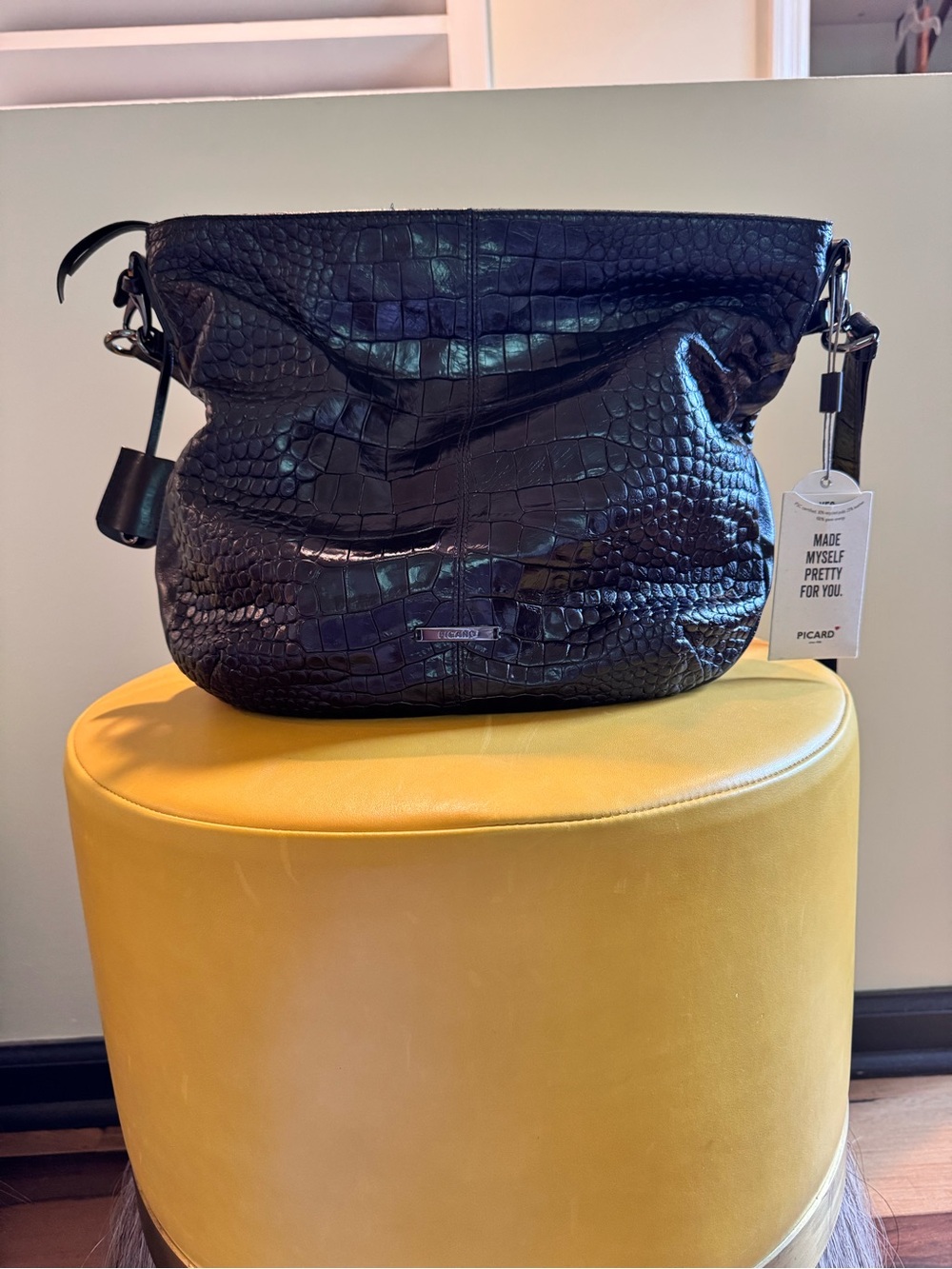 Picard Black Croc-Embossed Leather Shoulder Bag